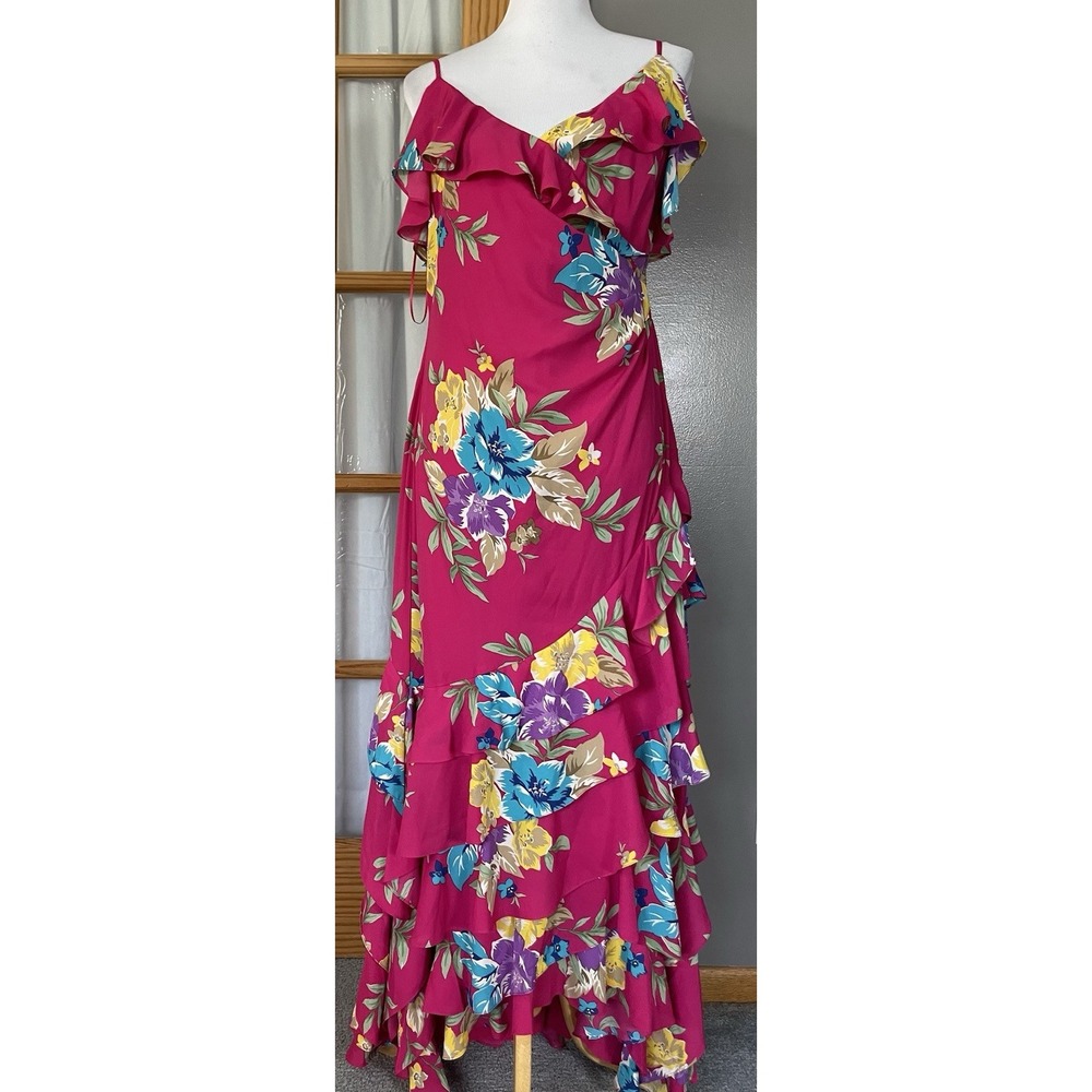 LRL Black Label Tiered Floral Maxi Dress 10 Pink Ruffles Cocktail Peasant $295
